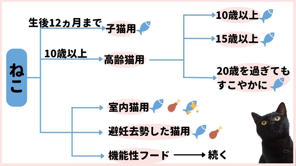 生後12ヵ月までは子猫用、10歳以上は老猫用を選びましょう。老猫用はさらに10歳以上・15歳以上・20歳以上と別れています。成猫用も室内猫用・避妊去勢した猫用・機能性フードがあります。13種類の中からライフステージや気になる健康ケアで選びましょう。